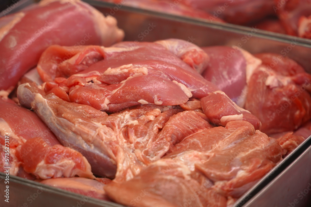 pork loin in a butcher shop. detail. lean meat. pork loin in a butcher shop. detail. lean meat.