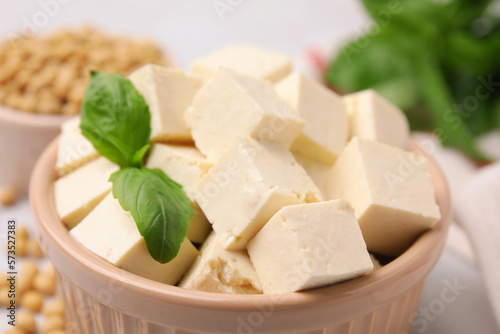 Delicious tofu cheese in bowl, closeup view