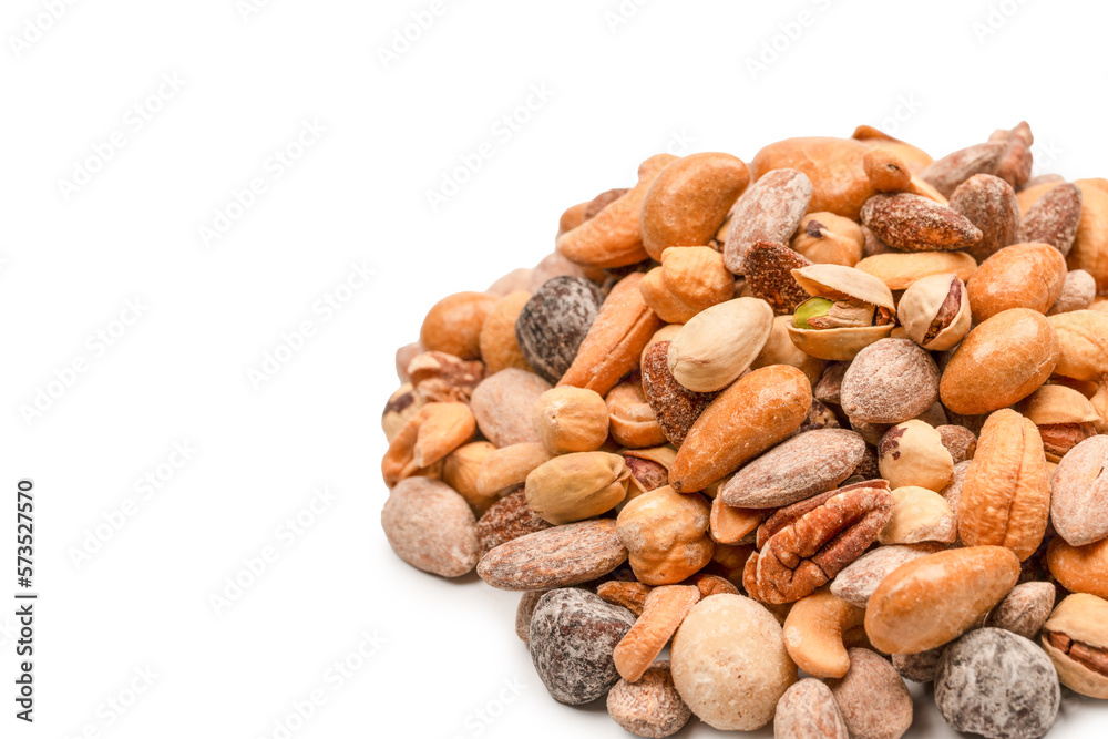 A group of almonds, pistachios, walnuts, macadamia, cashews. A group of almonds, pistachios, walnuts, macadamia, cashews.