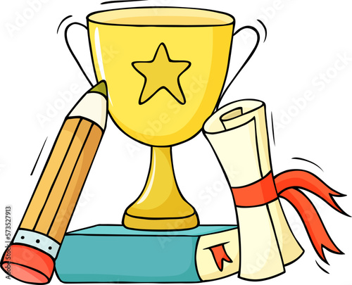 school award, trophy cup on books