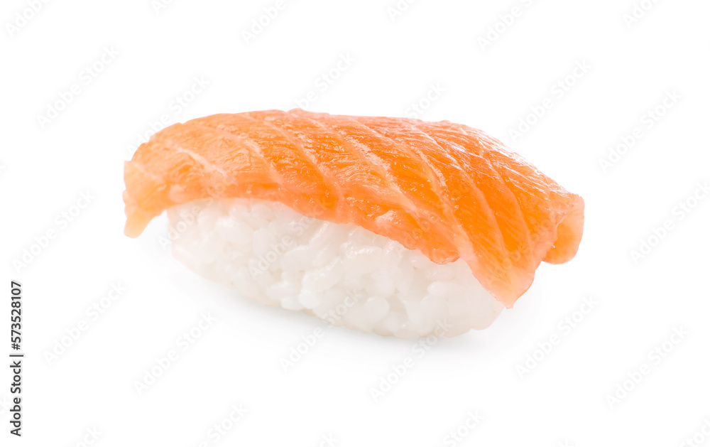 Delicious nigiri sushi with salmon isolated on white Delicious nigiri sushi with salmon isolated on white