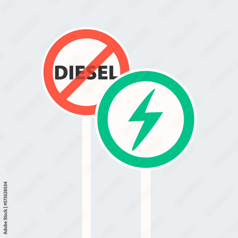 Road sign prohibiting diesel vehicles. Red crossed out circle. Road sign giving priority to electric vehicles in a green circle.