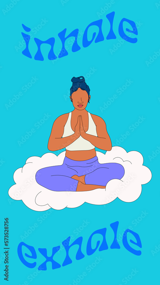 Inhale Exhale phrase with Filipino woman doing yoga in seated position 