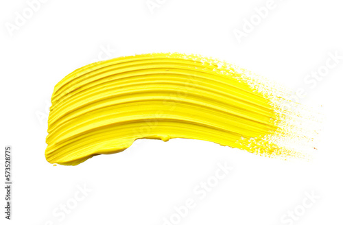 Yellow oil paint stroke on white background, top view photo