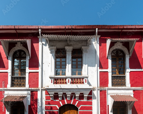 Exterior facade of a vintage Portuguese era building in Fontainhas in the Latin Quarter of the city of Panaji. photo