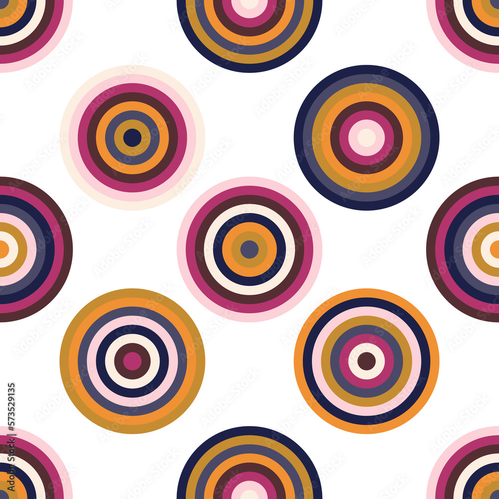 Circles with color palette. Seamless pattern with geometric colored spheres for fashion fabrics. 