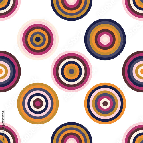 Circles with color palette. Seamless pattern with geometric colored spheres for fashion fabrics. 
