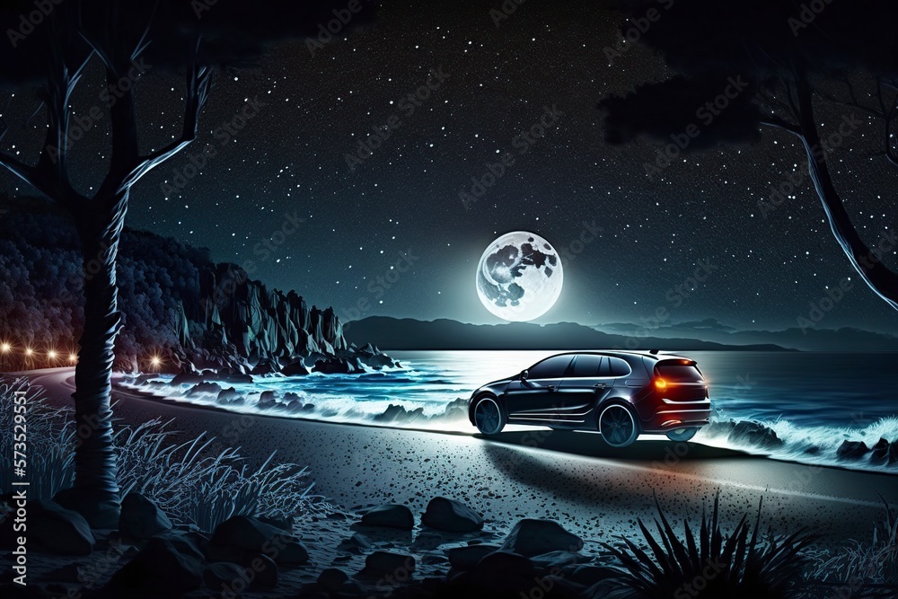 illustration, car driving on the road at the beach at night, ai generative