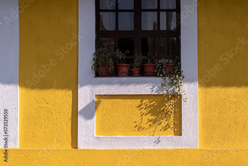 Exterior facade of an old Portuguese era house with yellow walls in the Fontainhas area of Panaji. photo