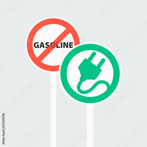 Road sign prohibiting gasoline vehicles. Red crossed out circle. Road sign for an electric vehicle charging station in a green circle.