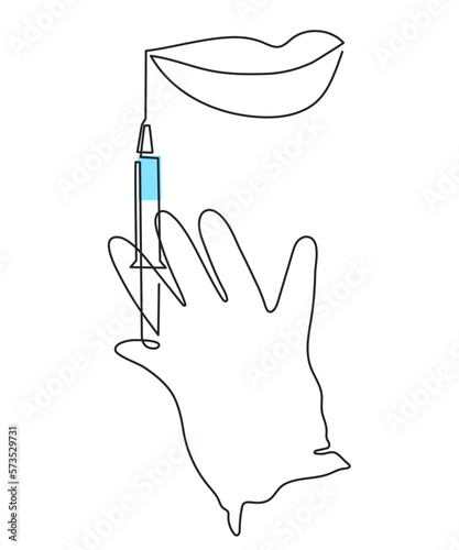 Beauty shot in lips, gloved hands holding syringe,one line art,continuous drawing contour.Treatment making mouth plump.Medical concept,injection botox dose.Editable stroke.Vector illustration