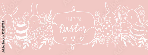 Cute hand drawn Easter horizontal seamless pattern with bunnies, flowers, easter eggs, beautiful background, great for Easter Cards, banner, textiles, wallpapers - vector design