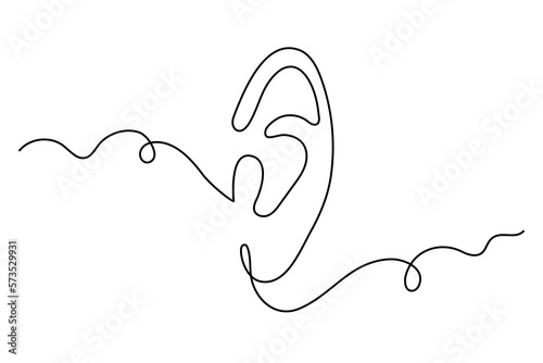 Ear one-line art, hand drawn hearing sensor feelings continuous contour, body part. World deaf day decoration, simple design. Editable stroke. Isolated. Vector illustration