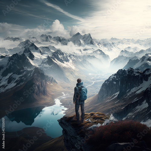 At the summit of a towering mountain, a hiker man stands tall, his gaze fixed firmly on the panoramic view that stretches out before him. Thrill of adventure. AI generative