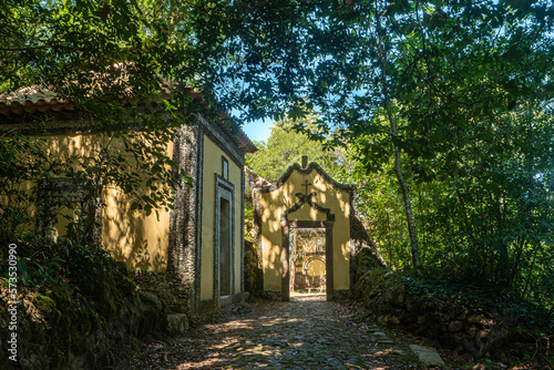 Calvary chapel in the way to the cross, via crucis, trail on ancient forest of Bussaco, in Luso, Mealhada, Aveiro in Portugal.