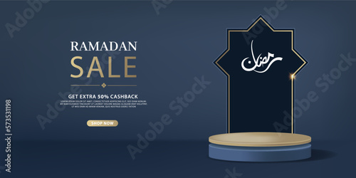 3d Luxury Islamic platform with gold dark. Horizontal Islamic podium Banner for product display.