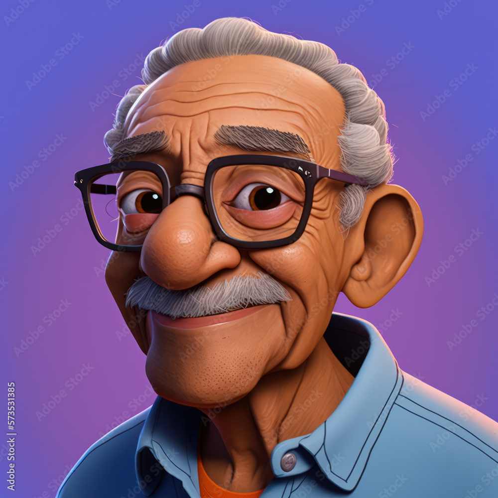 Cartoon Close up Portrait of Smiling Latinx Vibrant Senior Man Computer Scientist on a Colored Background. Illustration Avatar for ui ux. - Post-processed Generative AI