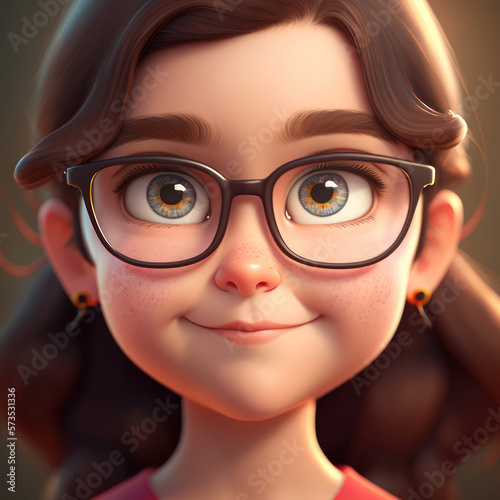 Cartoon Close up Portrait of Smiling Brunette Joyful Teenager Girl with Glasses on a Colored Background. Illustration Avatar for ui ux. - Post-processed Generative AI