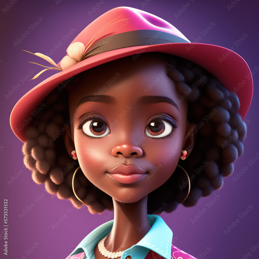 Cartoon Close up Portrait of Smiling Black Elegant Girl with a Hat on a