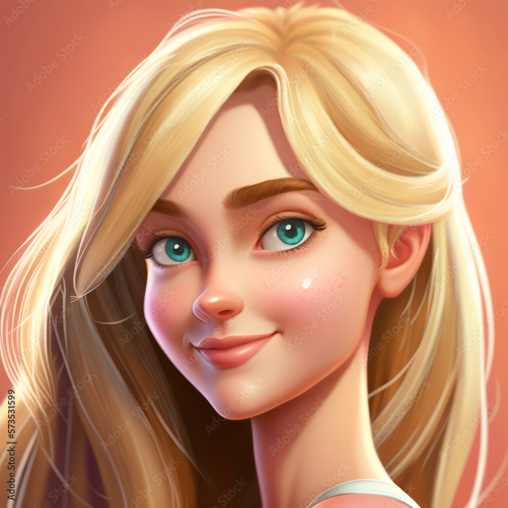 Cartoon Close up Portrait of Smiling Blonde Gorgeous Girl with Long Hair on a Colored Background. Illustration Avatar for ui ux. - Post-processed Generative AI Cartoon Close up Portrait of Smiling Blonde Gorgeous Girl with Long Hair on a Colored Background. Illustration Avatar for ui ux. - Post-processed Generative AI