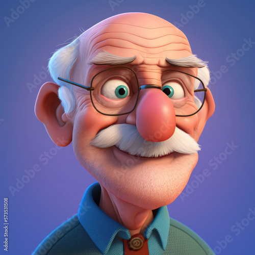 Cartoon Close up Portrait of Smiling Caucasian Sophisticated Old Man Social Worker on a Colored Background. Illustration Avatar for ui ux. - Post-processed Generative AI