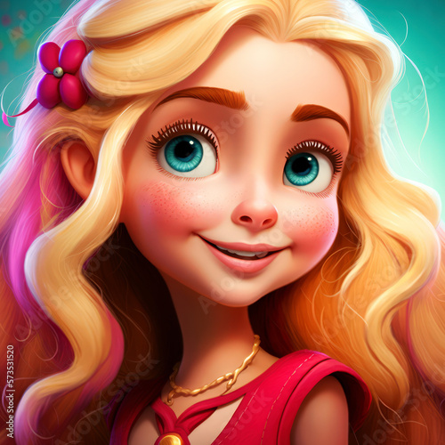 Cartoon Close up Portrait of Smiling Blonde Gorgeous Girl with Long Hair on a Colored Background. Illustration Avatar for ui ux. - Post-processed Generative AI