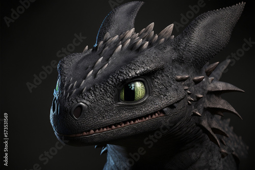 Fototapeta close up of a toothless dragon with green eyes. generative ai.