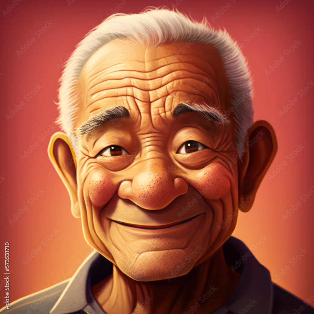 Cartoon Close up Portrait of Smiling Pacific Islander Generous Senior Man Artist on a Colored Background. Illustration Avatar for ui ux. - Post-processed Generative AI