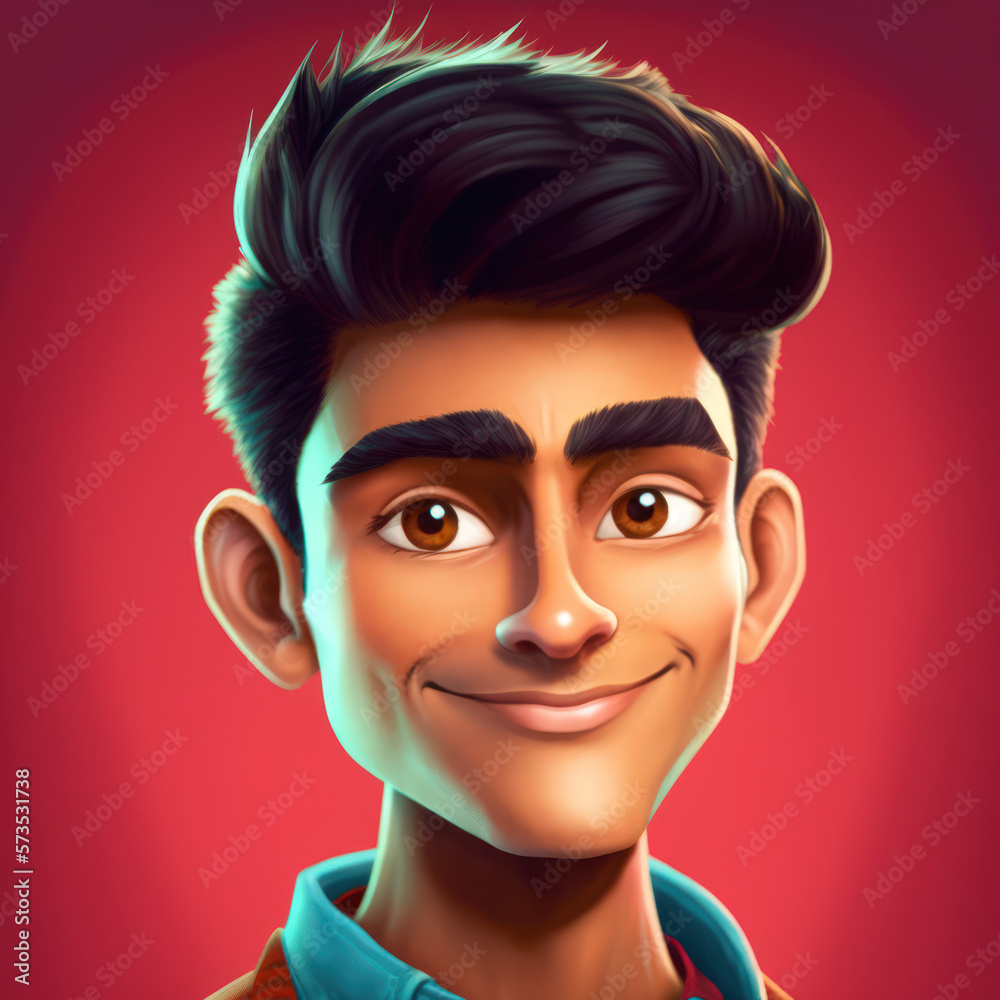 Cartoon Close up Portrait of Smiling South Asian Charming Young Man Fashion Designer on a Colored Background. Illustration Avatar for ui ux. - Post-processed Generative AI