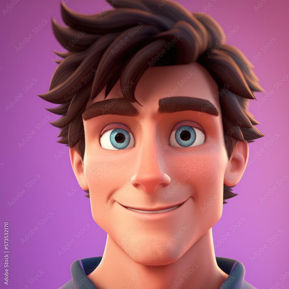 Cartoon Close up Portrait of Smiling Brunette Attractive Young Man Computer Scientist on a Colored Background. Illustration Avatar for ui ux. - Post-processed Generative AI