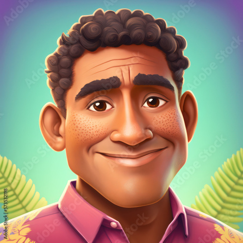 Cartoon Close up Portrait of Smiling Pacific Islander Motivated Man Supply Chain Manager on a Colored Background. Illustration Avatar for ui ux. - Post-processed Generative AI