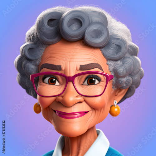 Cartoon Close up Portrait of Smiling Latinx Luminous Old Woman on a Colored Background. Illustration Avatar for ui ux. - Post-processed Generative AI © Esi