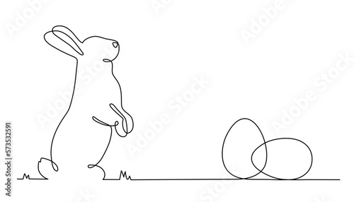 Easter bunny and eggs one line art, hand drawn paschal rabbit continuous contour.Christian holiday design, festive decoration. Editable stroke. Isolated. Vector illustration