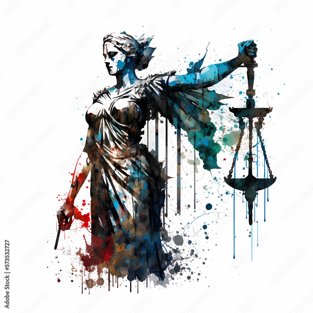 Oil Painting Splatter Lady Justice Statue Isolated White Illustration