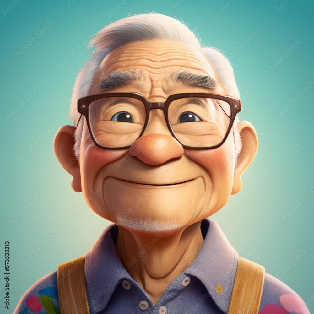 Cartoon Close up Portrait of Smiling Asian Joyful Senior Man Graphic Designer on a Colored Background. Illustration Avatar for ui ux. - Post-processed Generative AI