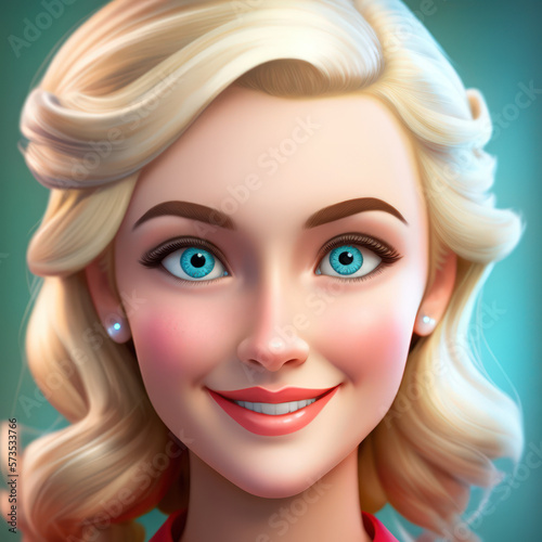 Cartoon Close up Portrait of Smiling Blonde Caring Woman IT Professional on a Colored Background. Illustration Avatar for ui ux. - Post-processed Generative AI