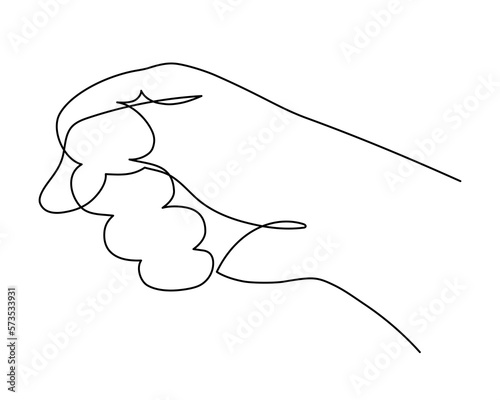 Fist hand one-line art, hand drawn continuous contour. Palm with fingers gesturing, drawing single line style, minimalist design. Editable stroke. Isolated. Vector illustration