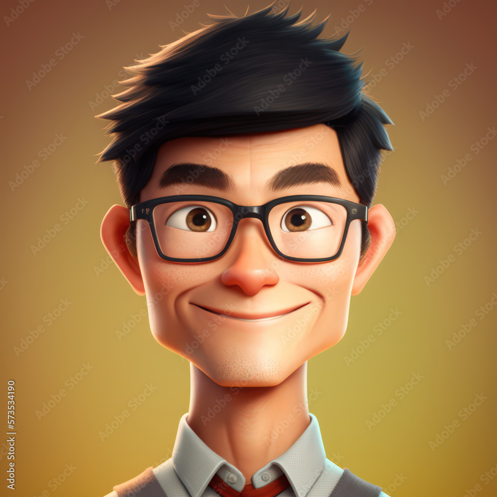 Cartoon Close up Portrait of Smiling Asian Ambitious Man Environmental Scientist on a Colored Background. Illustration Avatar for ui ux. - Post-processed Generative AI