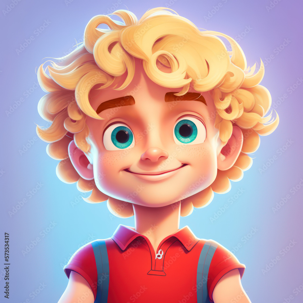Cartoon Close up Portrait of Smiling Blonde Dynamic Boy with Curly Hair on a Colored Background. Illustration Avatar for ui ux. - Post-processed Generative AI