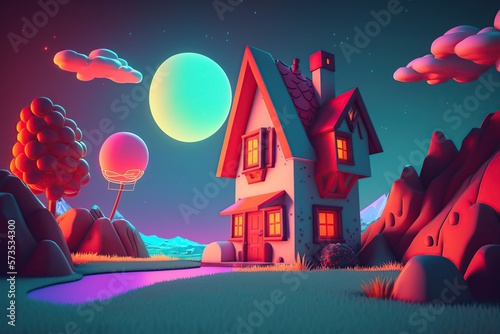 Night cartoon landscape with house ai generated