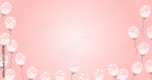 Pastel pink background with balloons full of daisies. Template for advertising, web, party, holiday, birthday, promotion, card, poster, invitation and space for your text