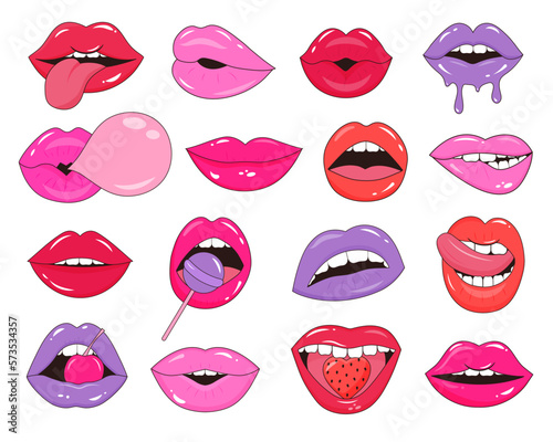 Set of glossy female lips. Pop Art stickers, fashion patches in retro style. Sexy women lips expressing different emotions.