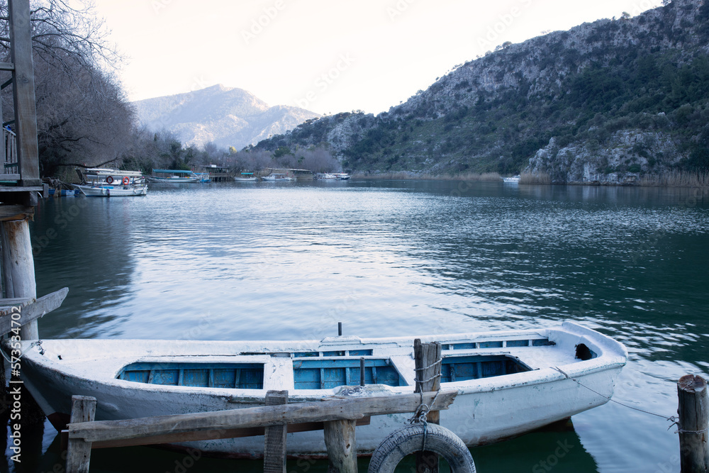 wooden boat on the river side of Dalyan city Turkey