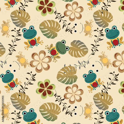 Seamless pattern of reseda green,myrtle green ,fire brick color frog, lion, citron color flowers, lion color split leaves and bistre,dim gray color veins on dutch white  background. frog  pattern.