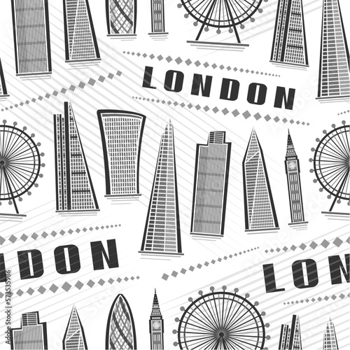 Vector London Seamless Pattern, square repeat background with illustration of european london city scape on white background for wrapping paper, decorative line art urban poster with black text london