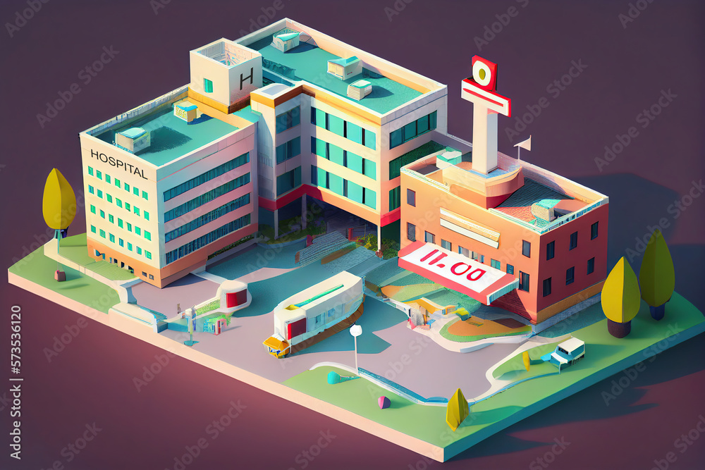 Icon or infographic element representing low poly hospital building with ambulance van. Healthcare station generated by AI