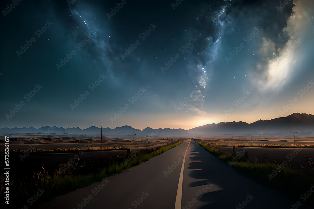 Road to nowhere under a starry sky. Generative AI.