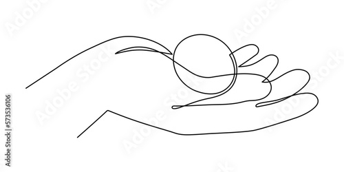 Hand holds easter egg one-line art, hand drawn palm continuous contour. Christian holiday design, festive decoration. Editable stroke. Isolated. Vector illustration
