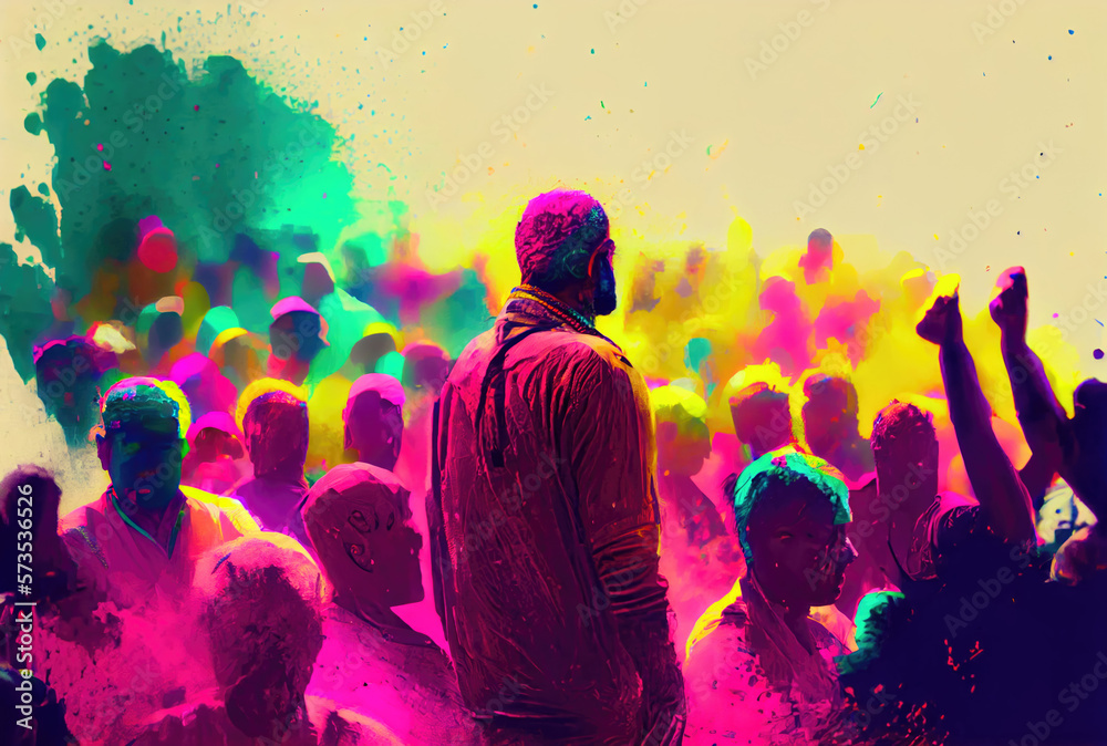 Holi festival the festival of colors with crowd people and colorful powder in the Indian town. Generative AI