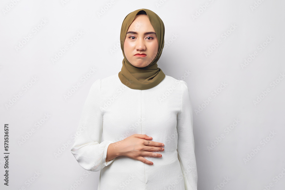 Sad Pensive Young Arabian Asian Muslim Woman Wearing Hijab Keeping Her 